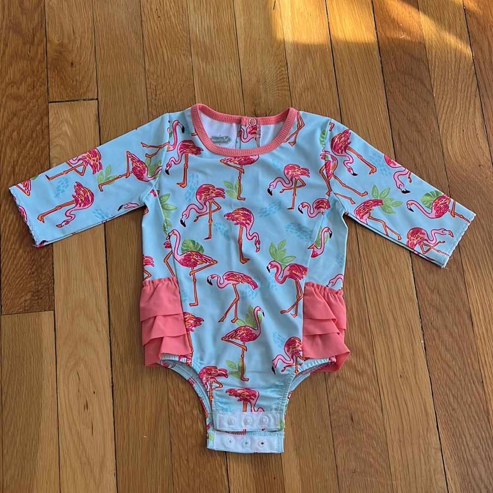 Mud Pie Flamingo UPF 50+ Rash Guard Swim Bathing Suit 9-12 months